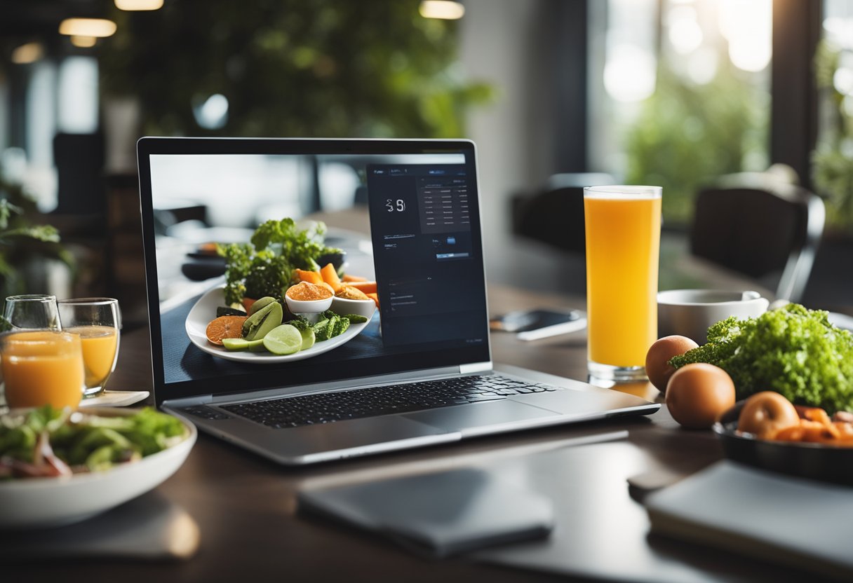 A table with a laptop and healthy food, surrounded by exercise equipment and a relaxing environment