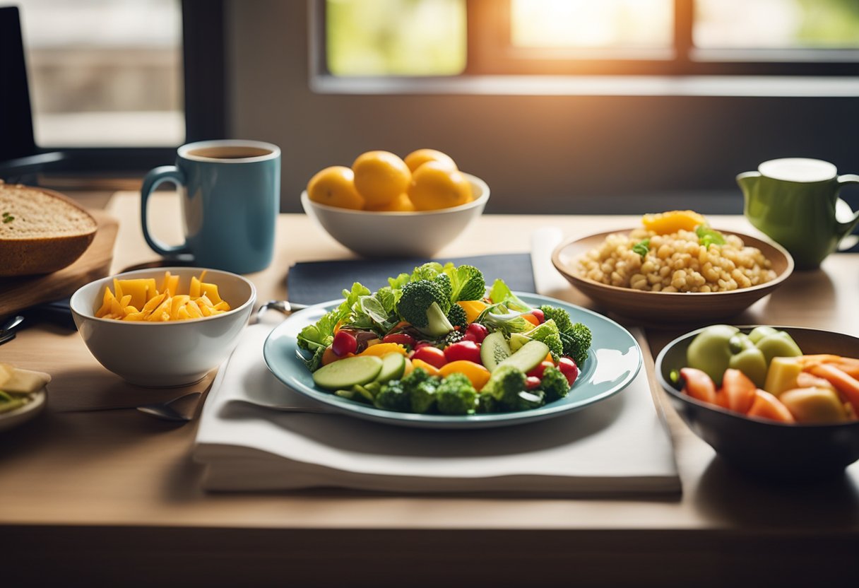 A colorful plate of healthy food sits on a desk, surrounded by work and personal items. The sun shines through a window, casting a warm glow on the scene