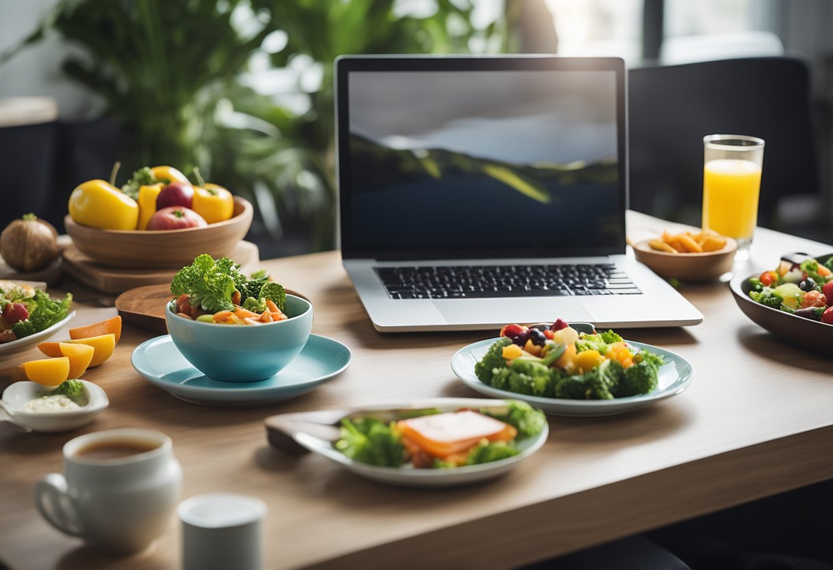 A colorful plate of healthy food sits on a desk next to a laptop and a planner, symbolizing the balance between personal and professional life