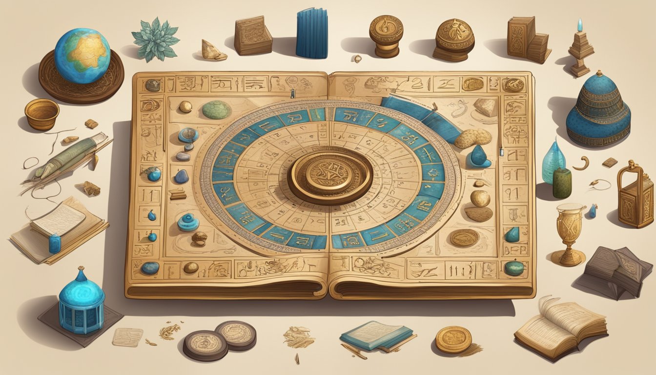 A table with numerology symbols and cultural artifacts, surrounded by ancient texts and symbols