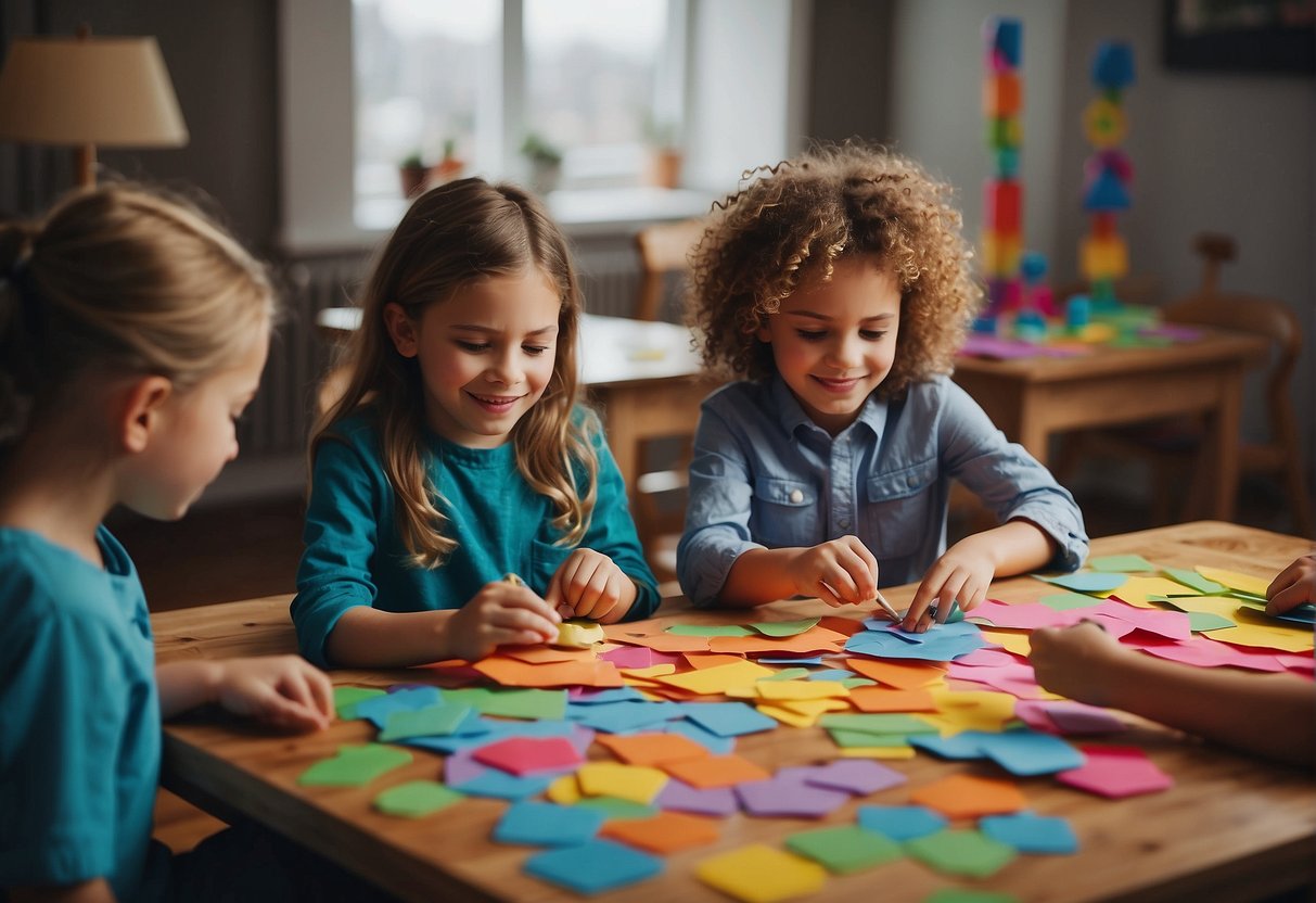 Children happily crafting with colorful paper, glue, and scissors indoors on a rainy day. Tables filled with completed papercrafts
