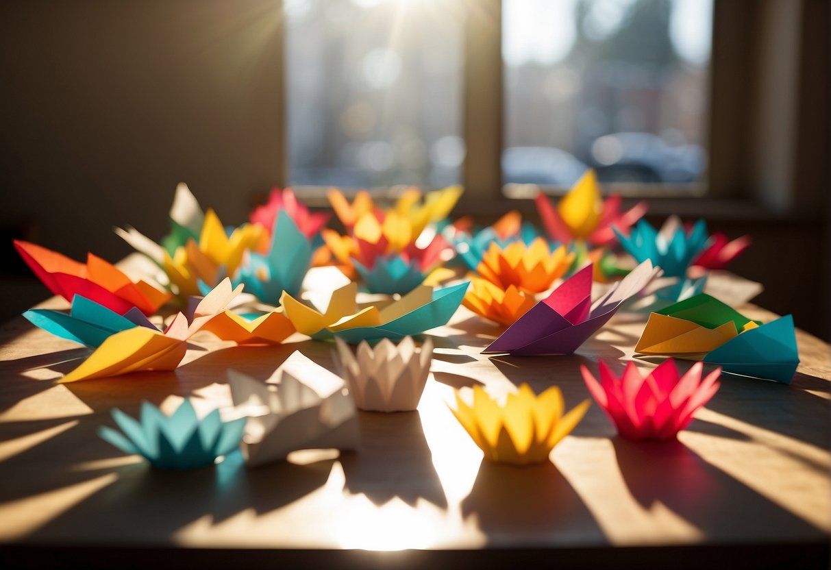 A colorful table filled with paper, scissors, glue, and finished papercrafts. Sunlight streams in through a window, casting shadows on the paper