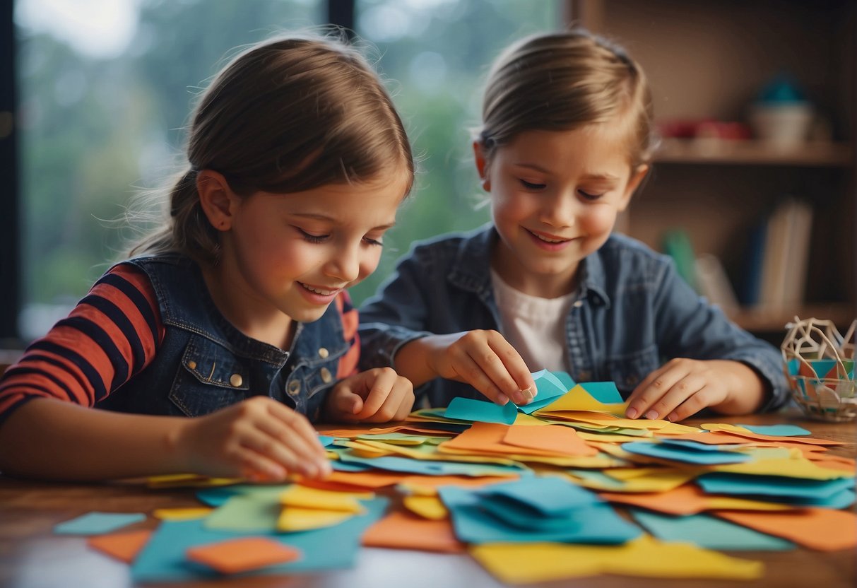 Children happily creating papercrafts in a cozy room on a rainy day, with colorful paper, scissors, and glue scattered on a table