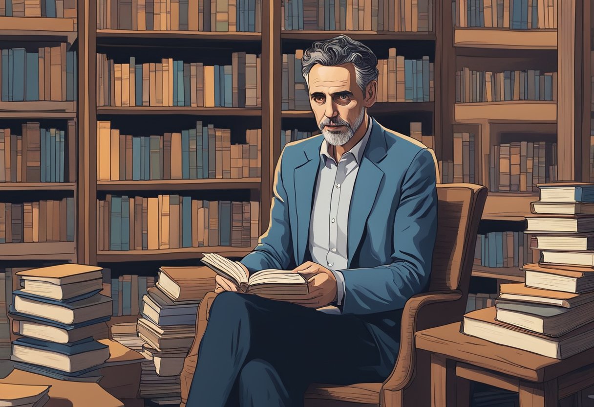 Jordan Peterson discussing George Orwell's ideas in a library setting, surrounded by stacks of books and a cozy reading nook