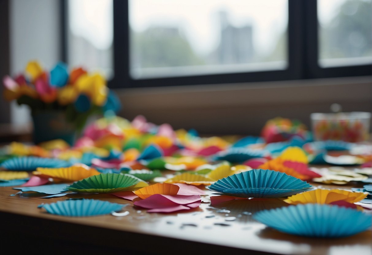 Colorful paper crafts scattered on a table, with glue and scissors nearby. Raindrops tap against the window, as kids eagerly create their own masterpieces