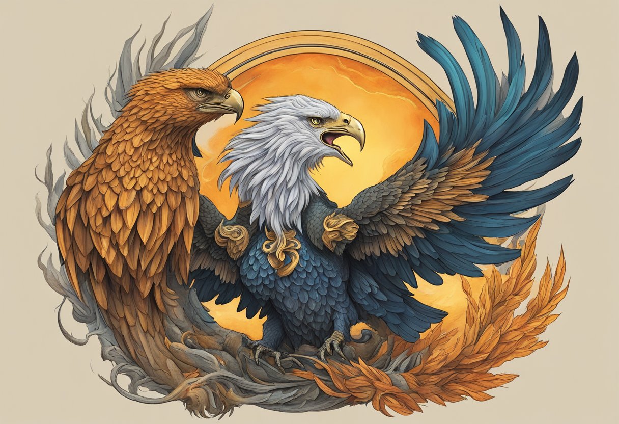A phoenix rises from ashes, entwined with a serpent, as a lion and eagle watch