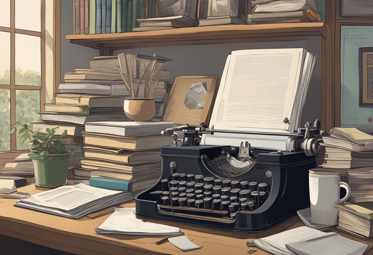 A cluttered desk with open books, a typewriter, and scattered papers. A framed portrait of George Orwell hangs on the wall