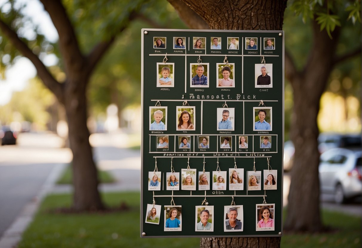 A family tree with last names like Parker, Collins, and Bennett displayed on a sign - a guide for parents