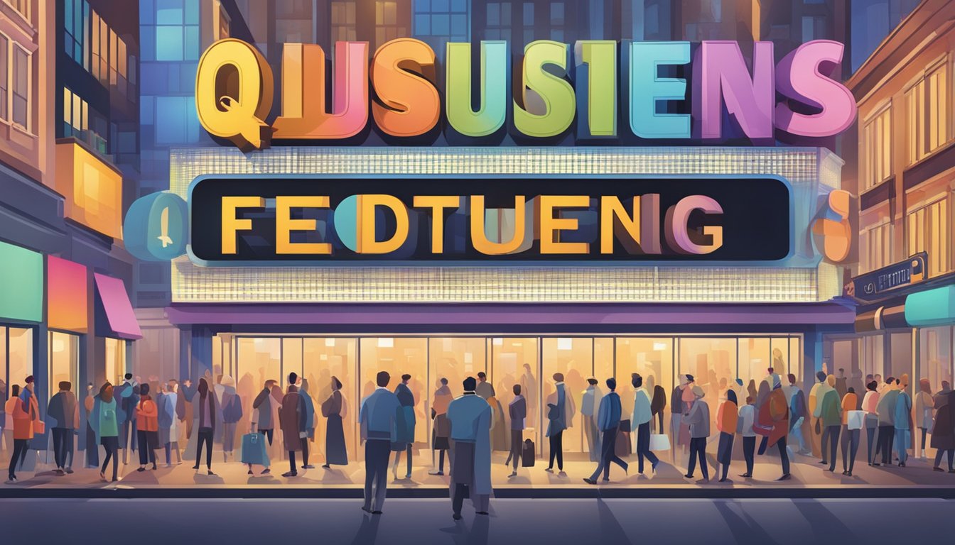 A large sign with "Frequently Asked Questions 208 Bedeutung" in bold letters, surrounded by curious onlookers and a bustling atmosphere