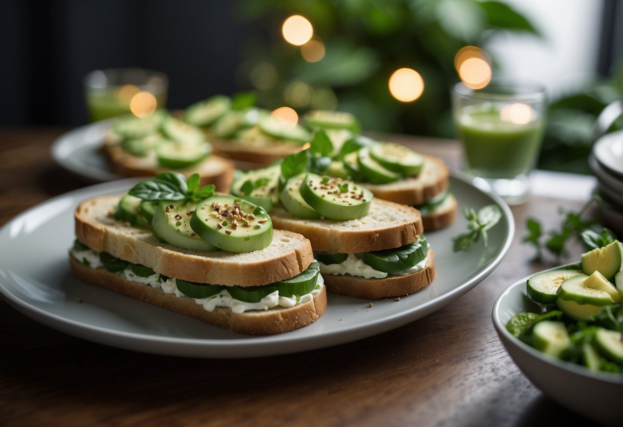 A table adorned with green foods: spinach salad, avocado toast, cucumber sandwiches, and key lime pie. A festive atmosphere with green decorations and clover-shaped treats