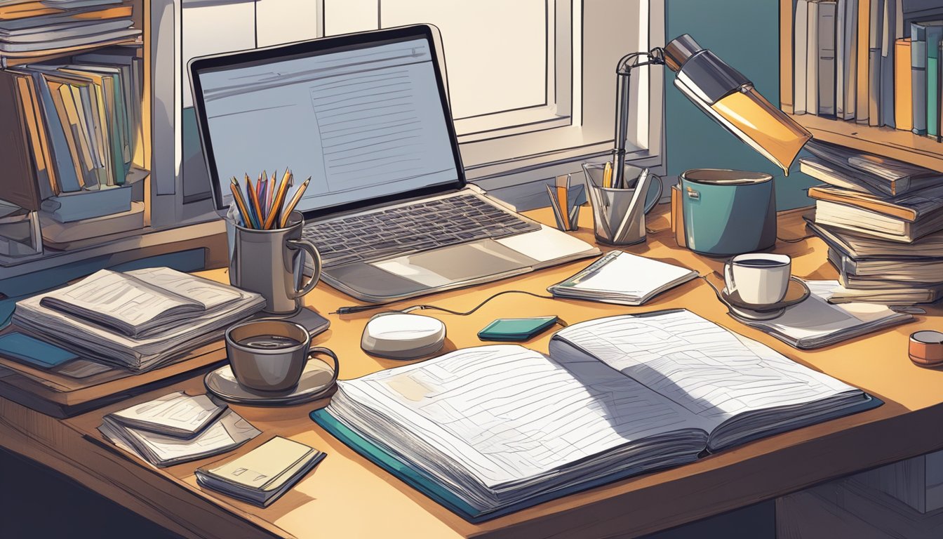 A cluttered desk with open books, a laptop, and scattered papers.</p><p>A pencil holder and a mug sit nearby.</p><p>The scene is illuminated by a desk lamp