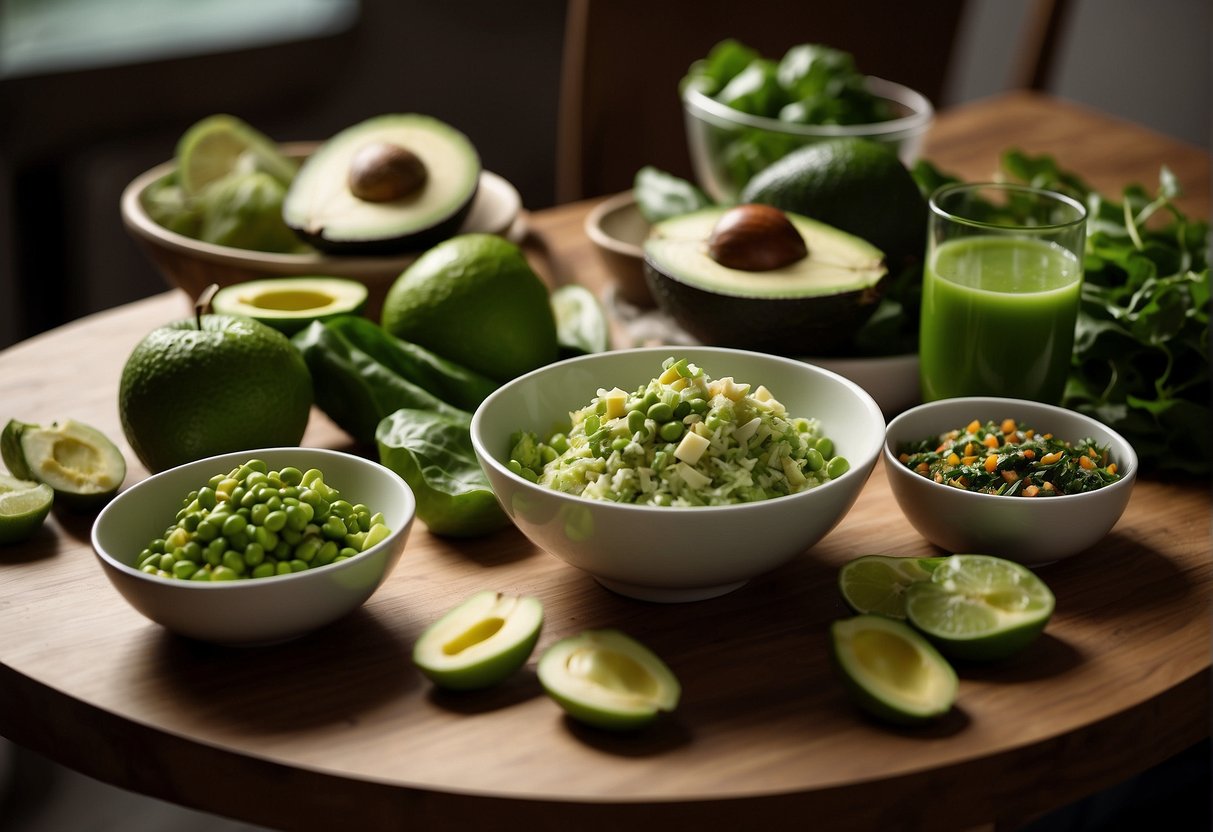 A table set with a variety of green foods: salads, avocados, peas, and green apples. A glass of green juice and a bowl of guacamole complete the scene