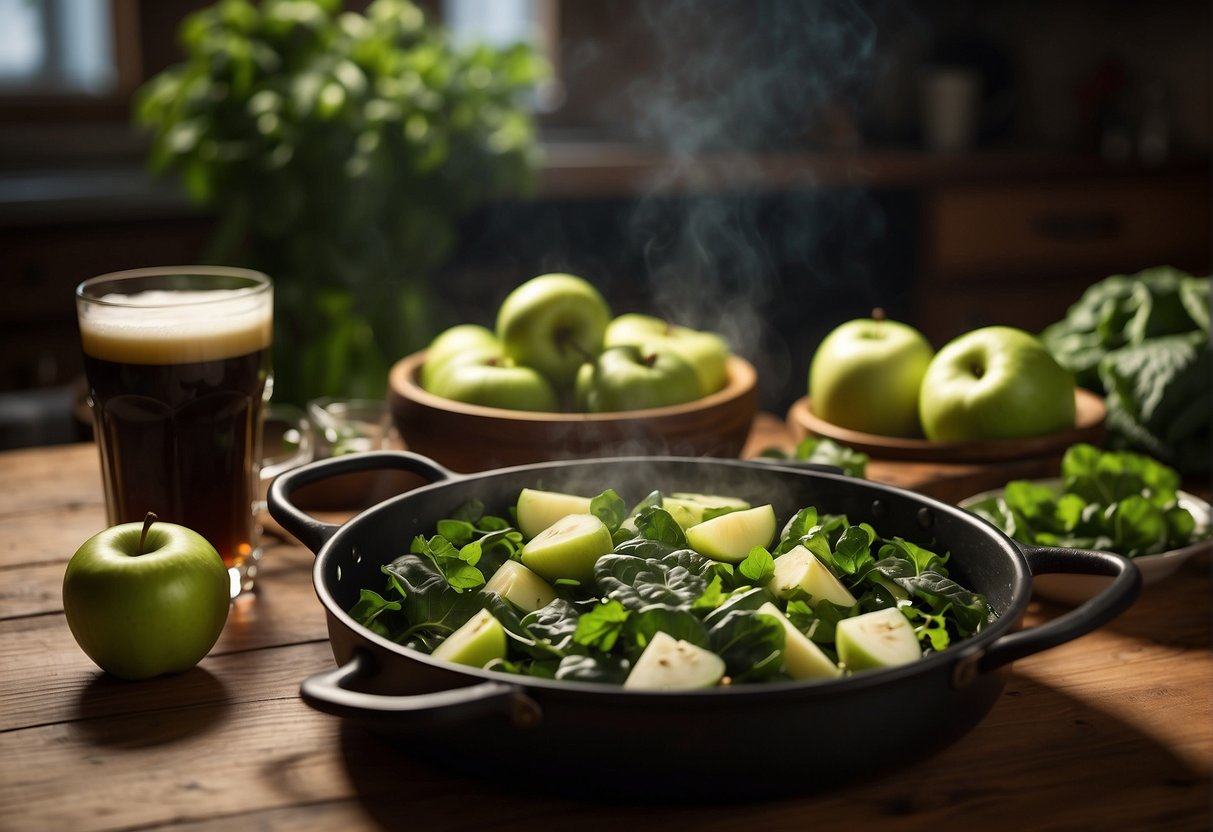 A table set with green foods: cabbage, spinach, and green apples. A pot of Irish stew steaming on the stove. A pint of dark beer on the counter