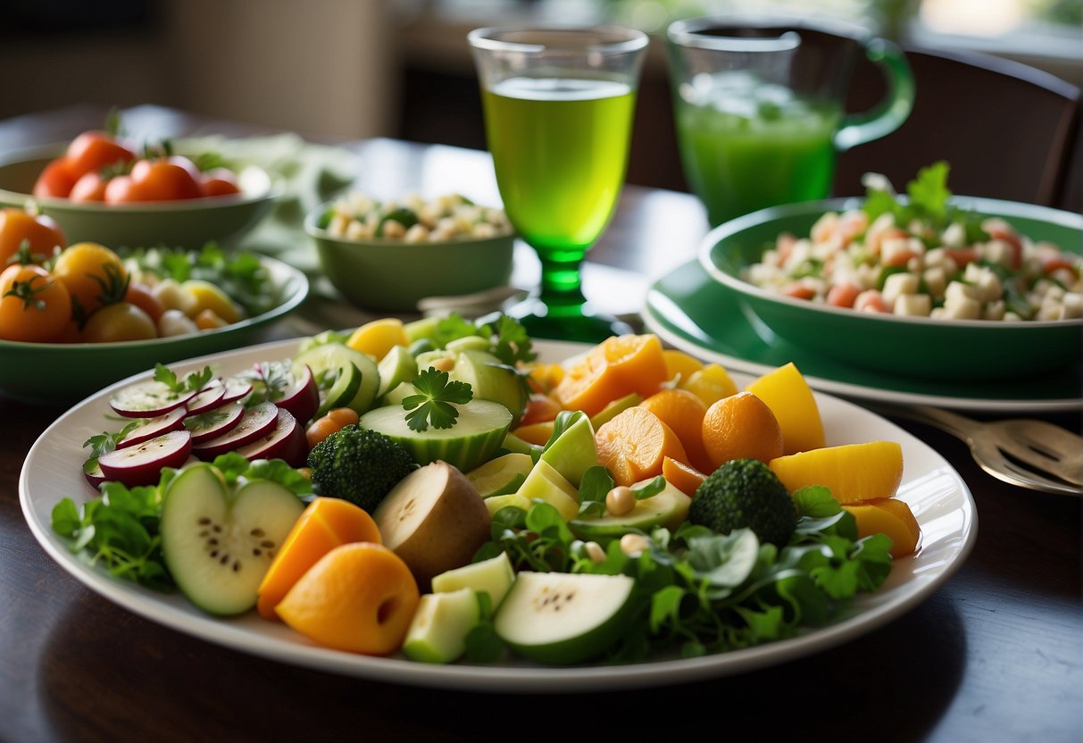 A table set with vibrant green dishes, including salads, vegetables, and fruits. A festive St. Patrick's Day dinner spread