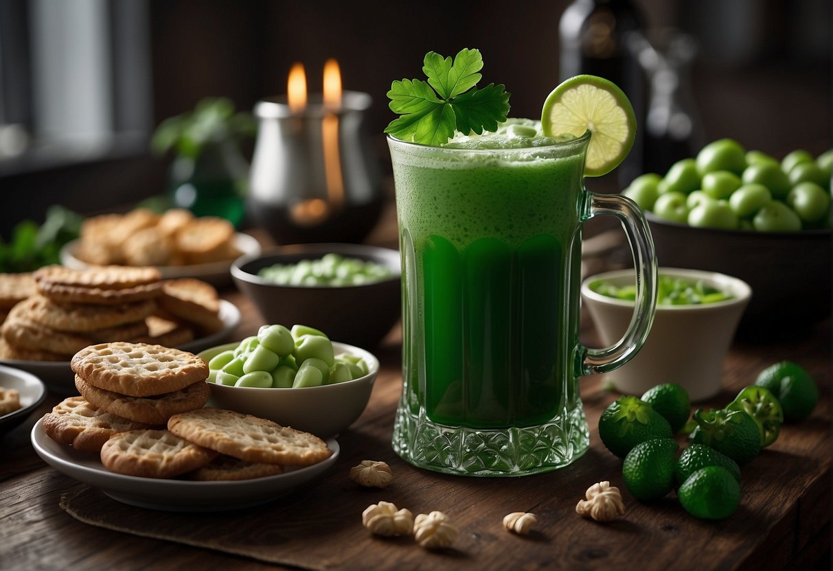 A table with various green beverages and festive green foods arranged for St. Patrick's Day celebration