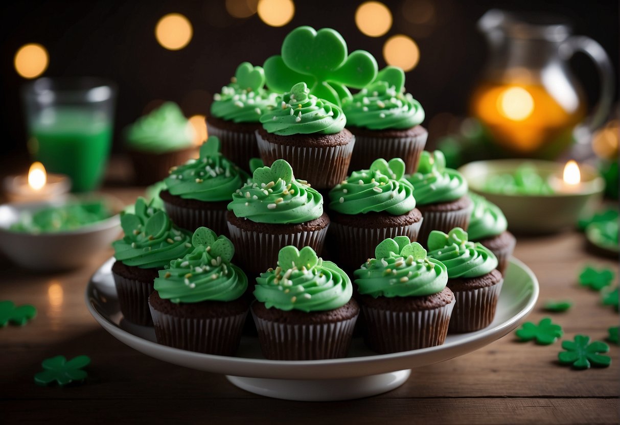 A table filled with green desserts: cupcakes, cookies, and candies. Shamrock-shaped cakes and mint-flavored treats are arranged for St. Patrick's Day celebration