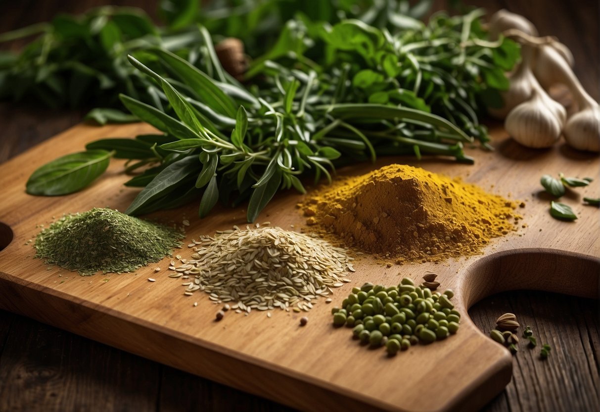 A variety of green herbs and spices are scattered across a wooden cutting board, ready to be used in St. Patrick's Day recipes