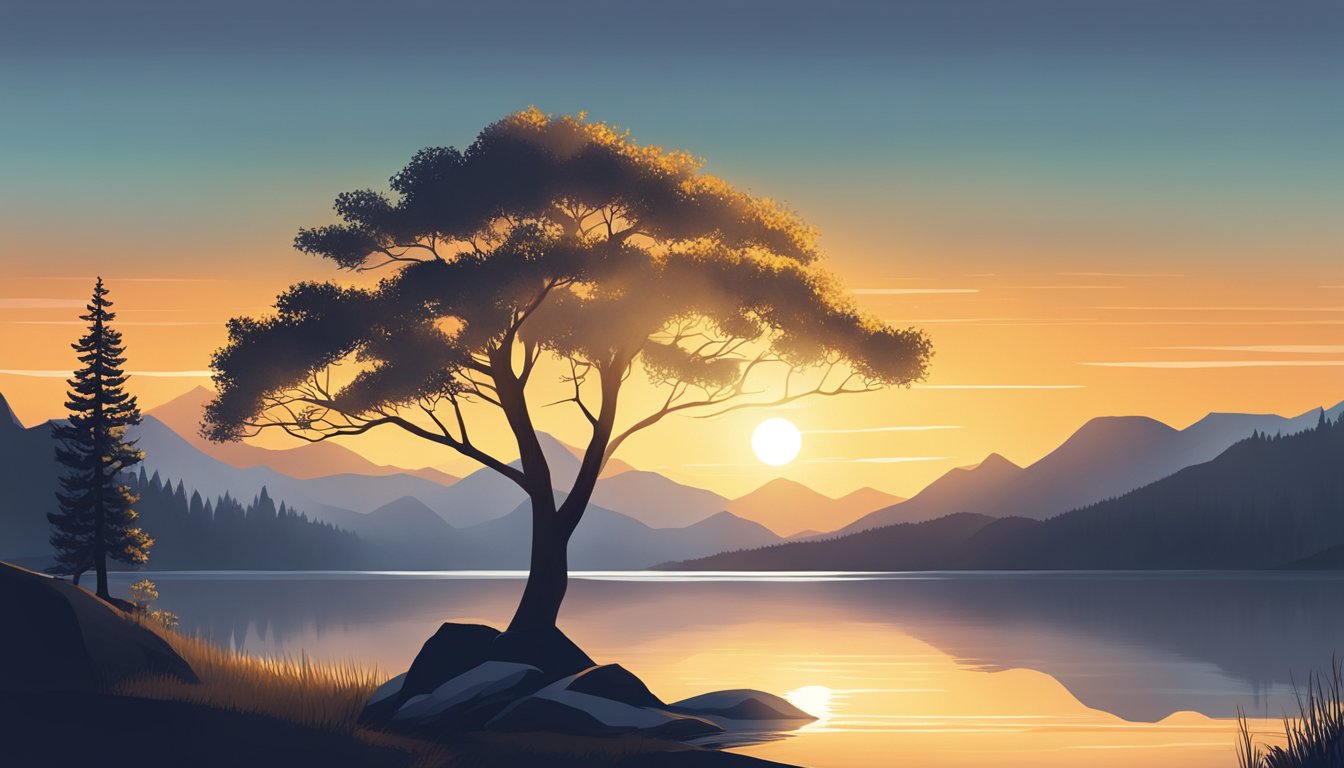 A glowing sun rises over a mountain peak, casting long shadows on a tranquil lake below.</p><p>A lone tree stands tall, its branches reaching towards the sky