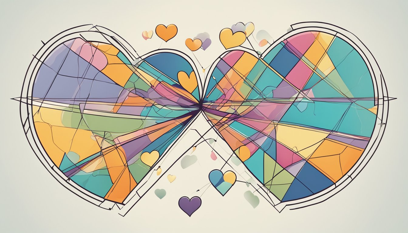 A heart-shaped puzzle with two pieces fitting together, surrounded by interconnected lines and symbols representing love and relationships