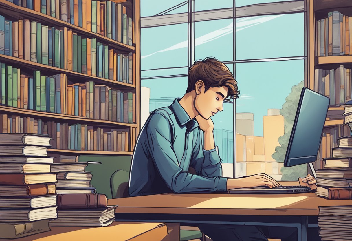 A young man sits at a desk, surrounded by books and a laptop. He is deep in thought, pen in hand, as he begins his journey into the world of education and career advancement