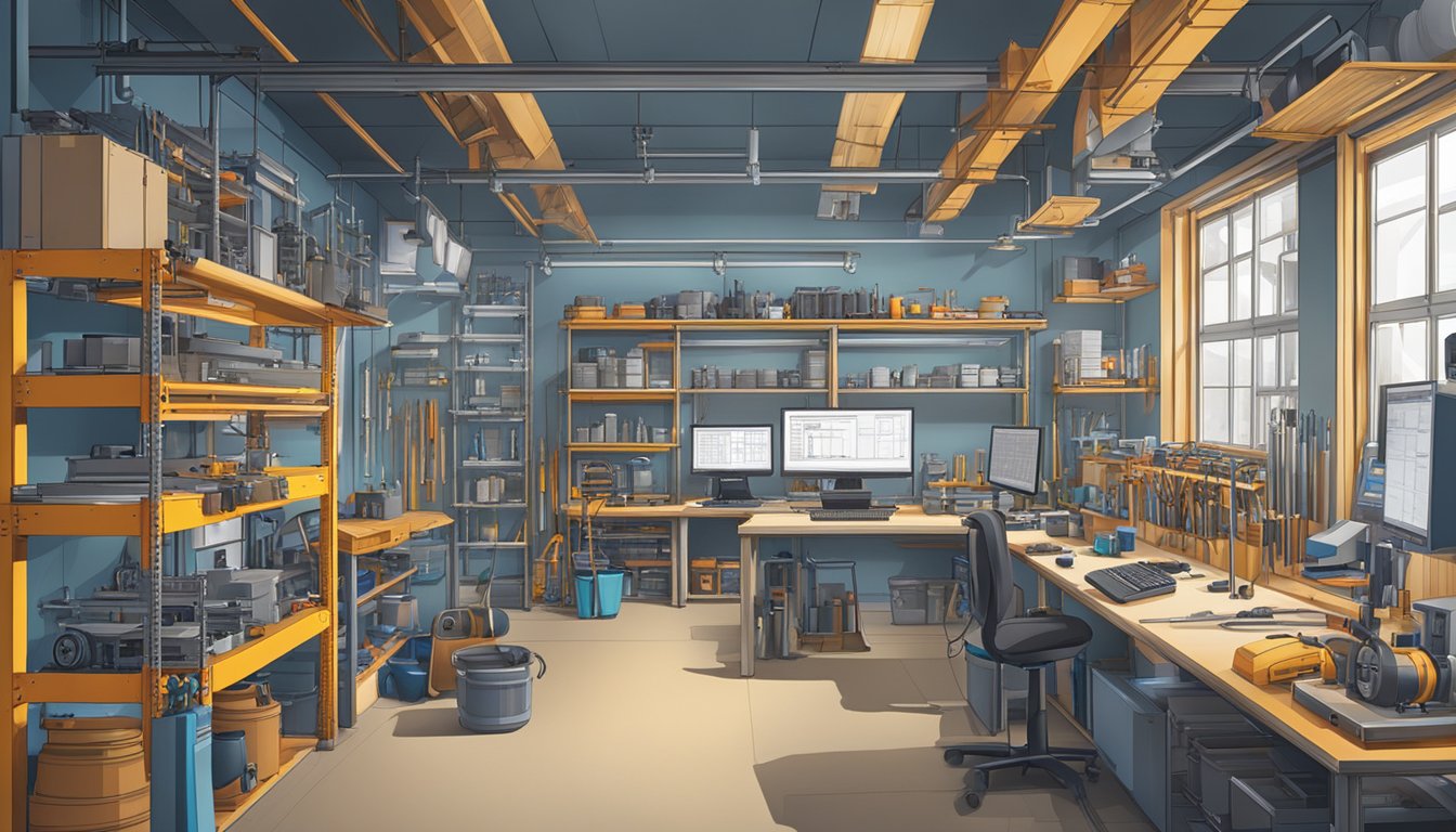 A busy workshop with tools and machinery, organized shelves, and a computer displaying technical drawings