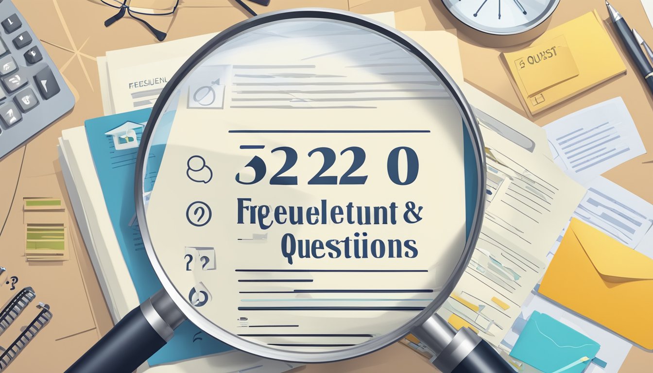 A stack of papers with "Frequently Asked Questions 320 Bedeutung" printed on top, surrounded by question marks and a magnifying glass