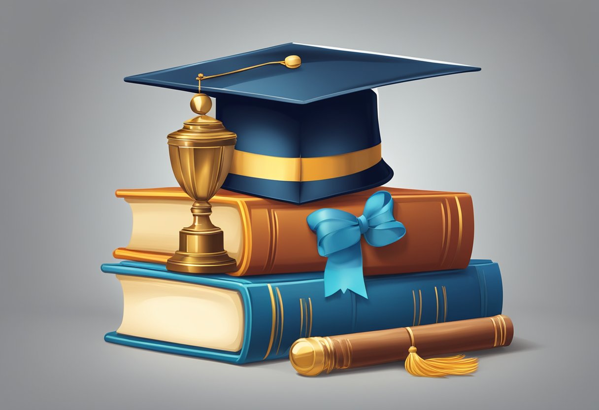 A graduation cap atop a stack of books, with a diploma and a shining trophy nearby, symbolizing career advancements through education