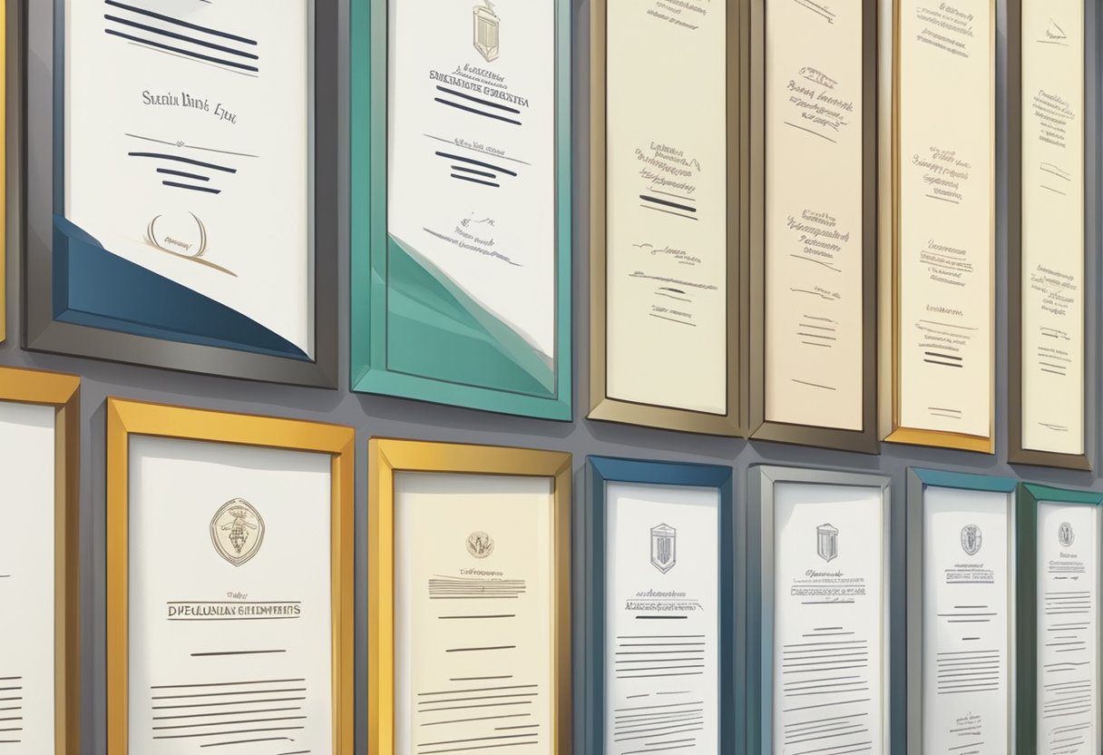 A row of diplomas and awards displayed on a wall, showcasing academic achievements