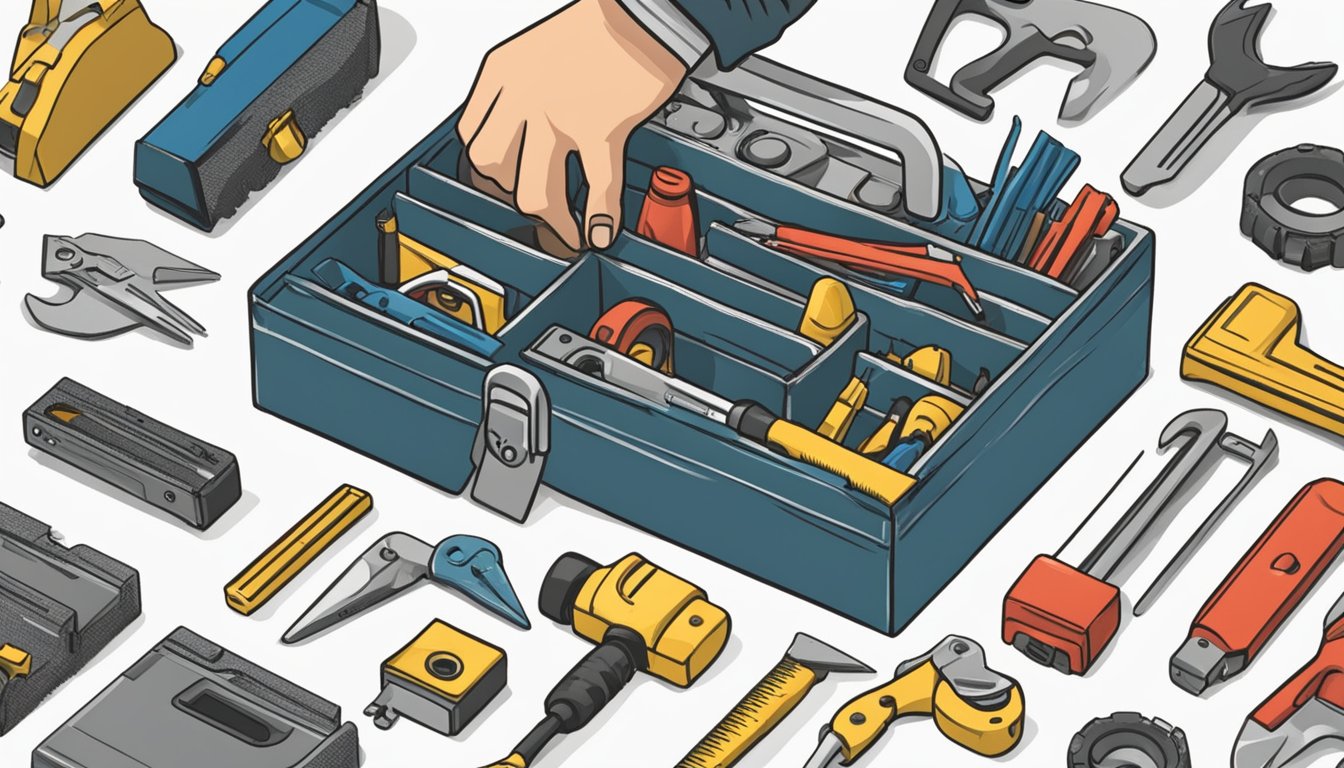 A hand reaching for a toolbox labeled "3322" with various tools scattered around