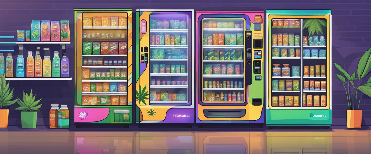 A vending machine stocked with various cannabis products stands in a brightly lit dispensary in Florida. The machine is adorned with colorful graphics and labels showcasing different types of edibles, tinctures, and pre-rolled joints