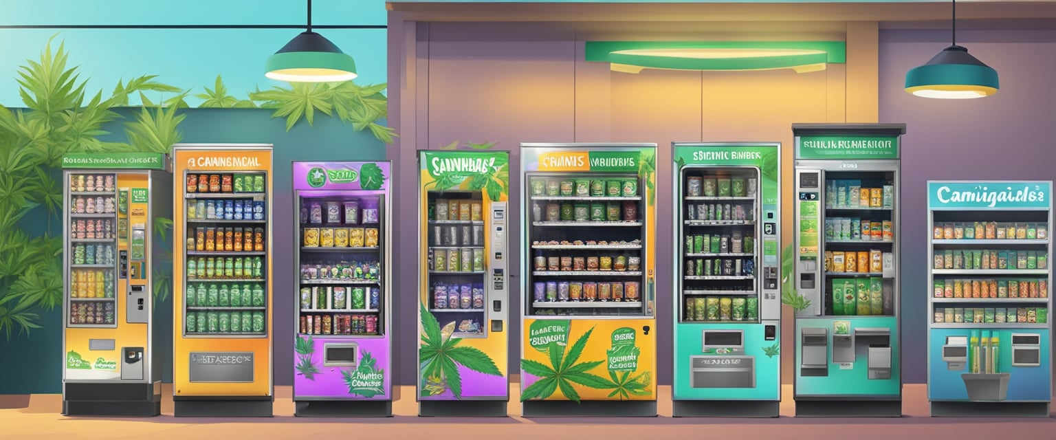 Cannabis vending machines in Florida display various products, including edibles, oils, and pre-rolled joints, all complying with state regulations and licensing requirements