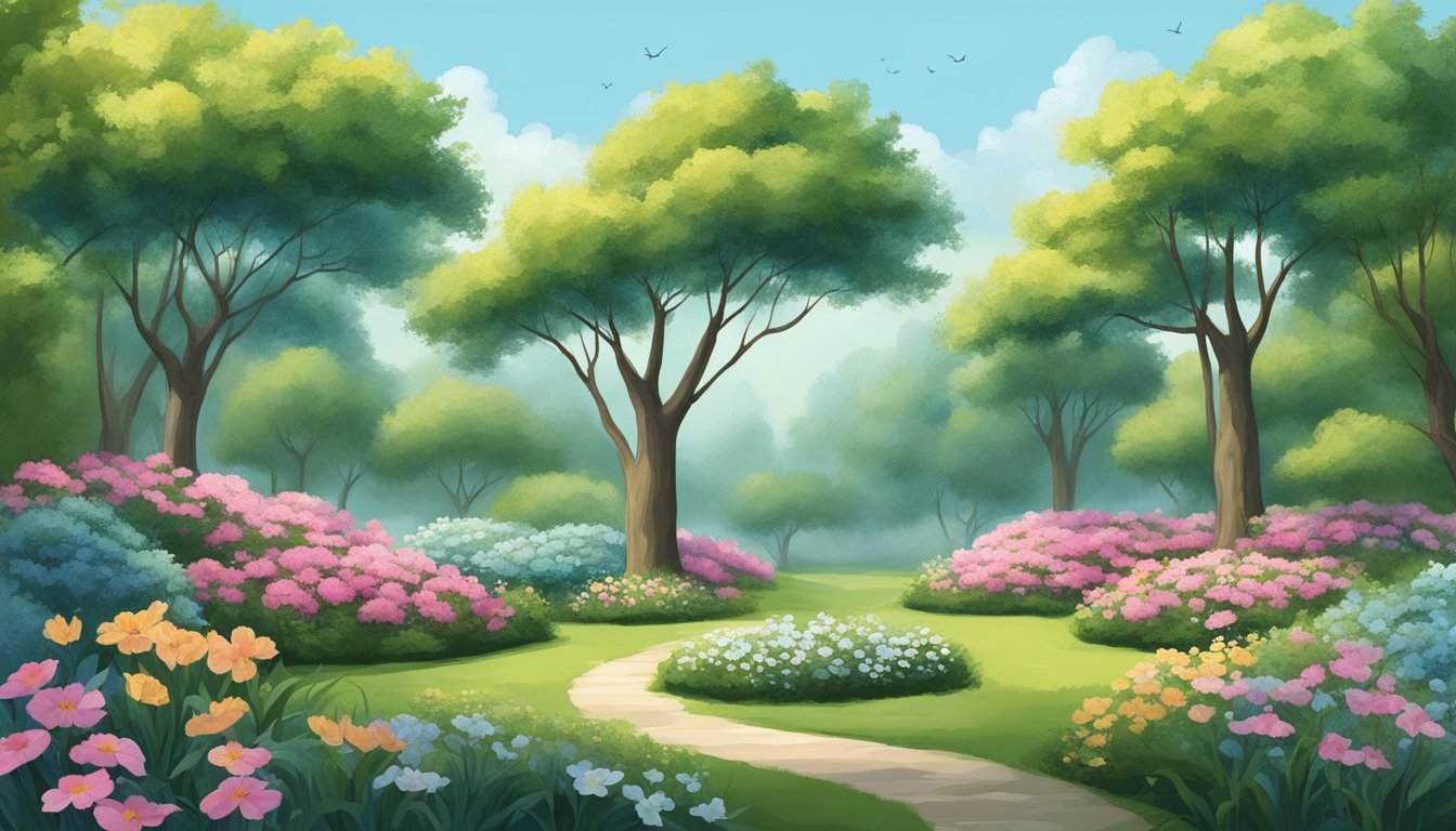 A serene garden with four tall trees, each with three branches, and seven flowers blooming beneath them