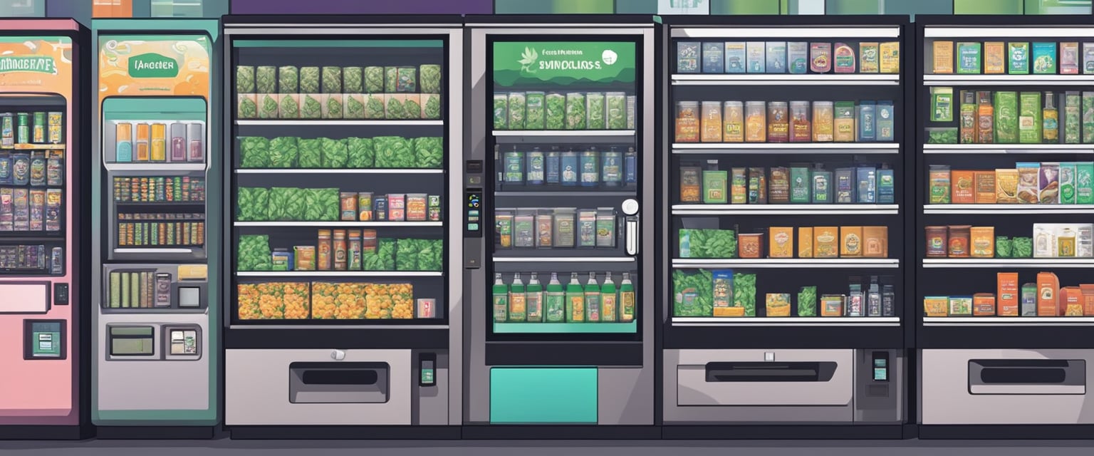 Various cannabis products, such as edibles, pre-rolls, and vape cartridges, are displayed in a vending machine. The machine features a digital screen, payment options, and a secure dispensing system