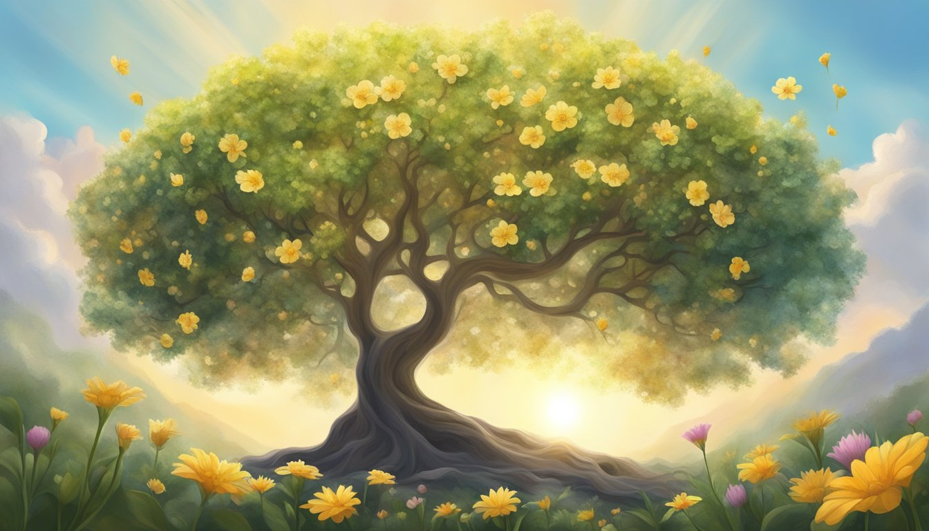 A tree growing from a small seed, surrounded by blooming flowers and reaching towards the sun, symbolizing personal growth and significance