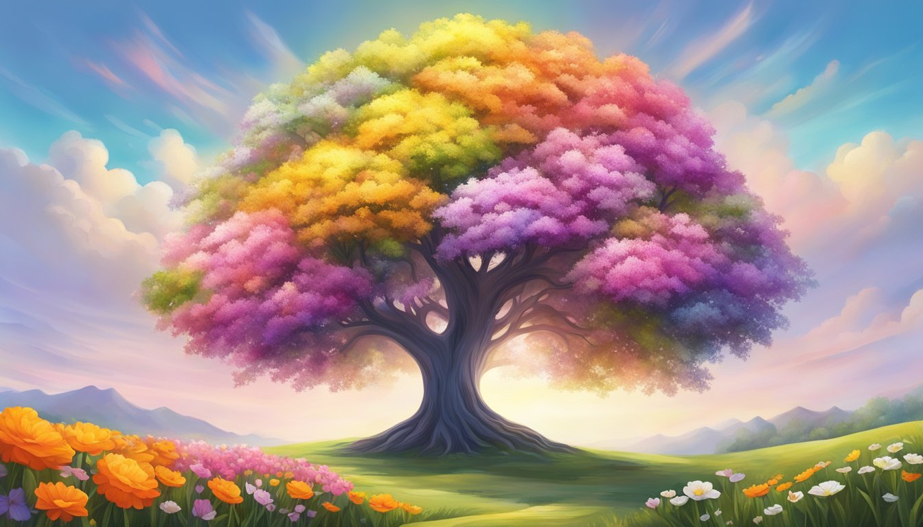 A tree growing tall amidst a field of vibrant flowers, symbolizing personal growth and success