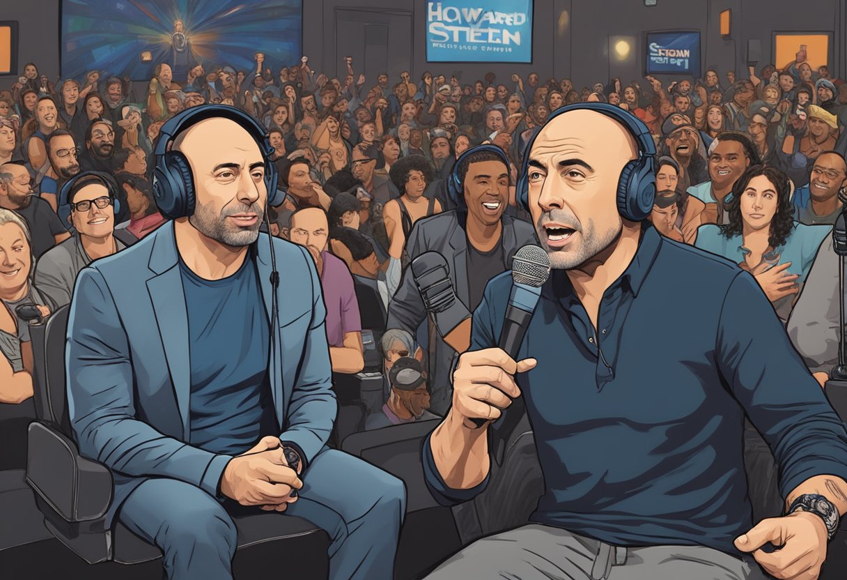 Joe Rogan speaks animatedly on Howard Stern's show. The two men sit across from each other, surrounded by microphones and a bustling studio audience