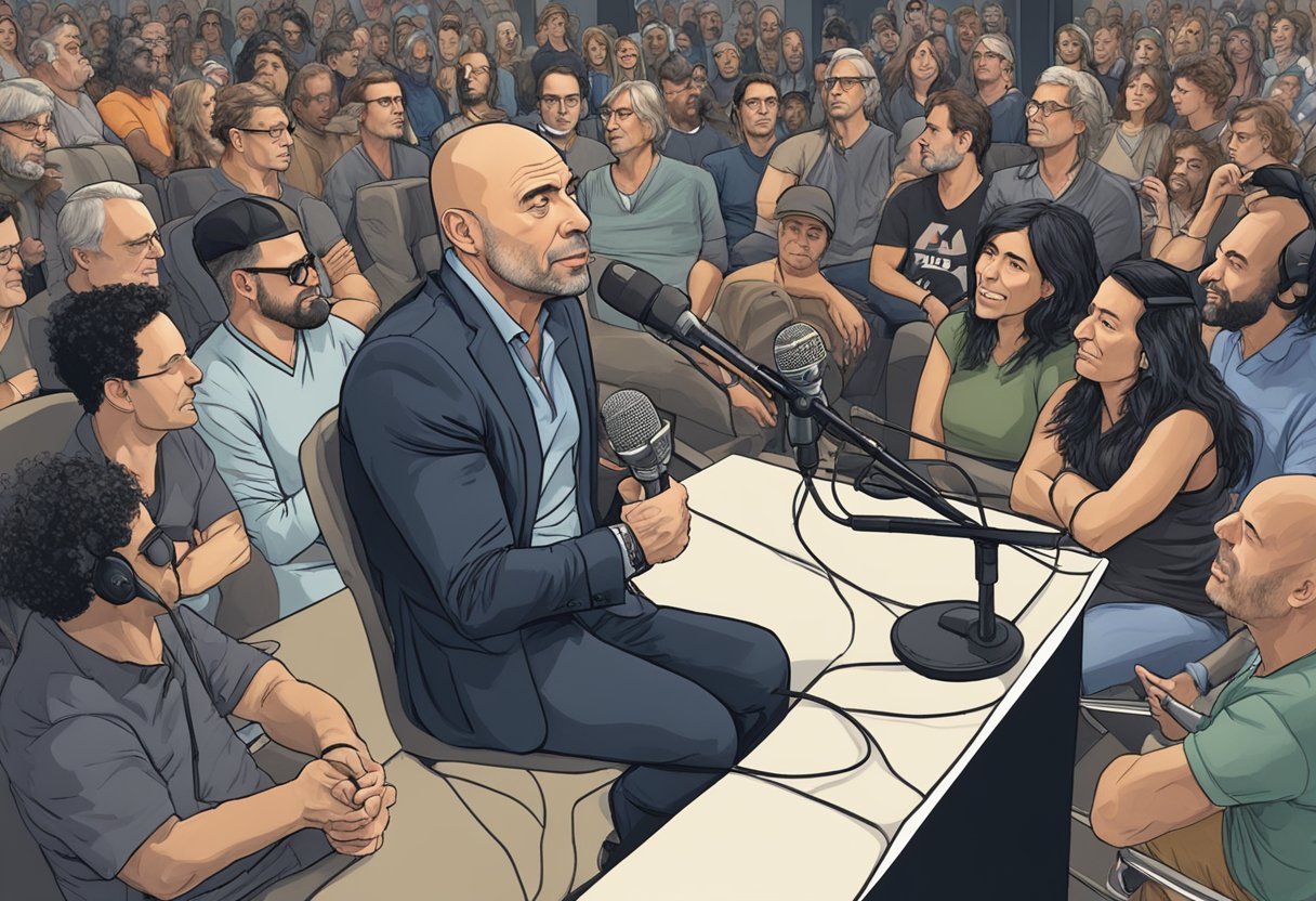 Joe Rogan speaks on Howard Stern show, surrounded by microphones and a studio audience, with Stern seated across from him