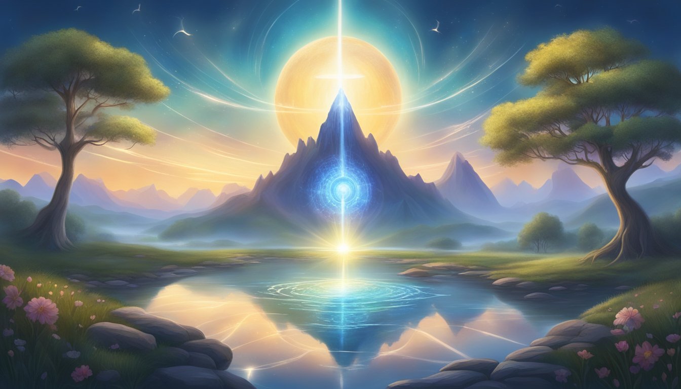 A serene landscape with a glowing, ethereal light emanating from a central source, surrounded by symbols of spiritual significance