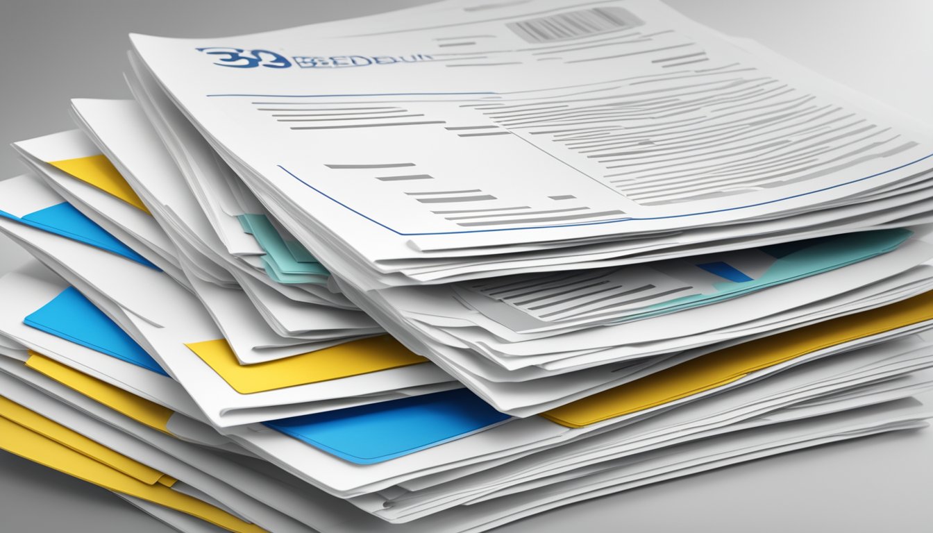 A stack of FAQ documents with "383 Bedeutung" prominently displayed