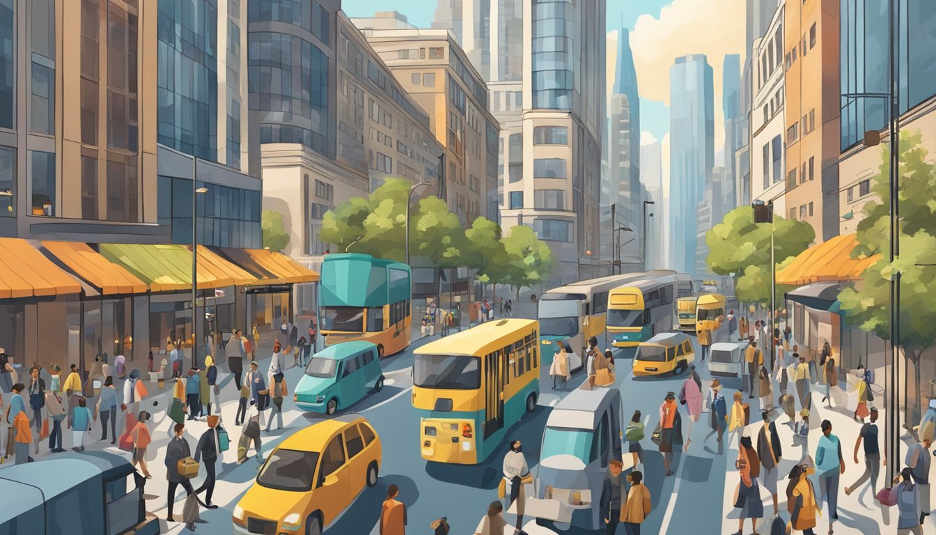 A busy city street with people going about their daily routines, surrounded by towering buildings and bustling traffic