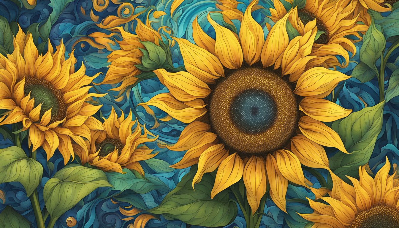 A glowing sunflower blooms amidst swirling patterns and vibrant colors, evoking layers of meaning and symbolism
