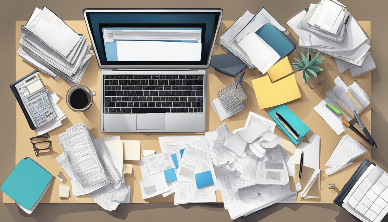 A cluttered desk with scattered papers and a laptop, showing signs of everyday use and importance