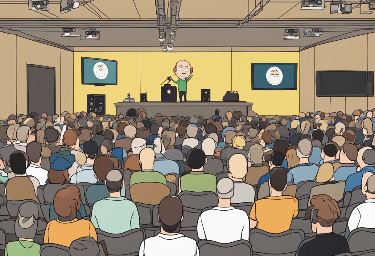 Joe Rogan answering questions on a South Park stage. Audience watching. Microphones and cameras present