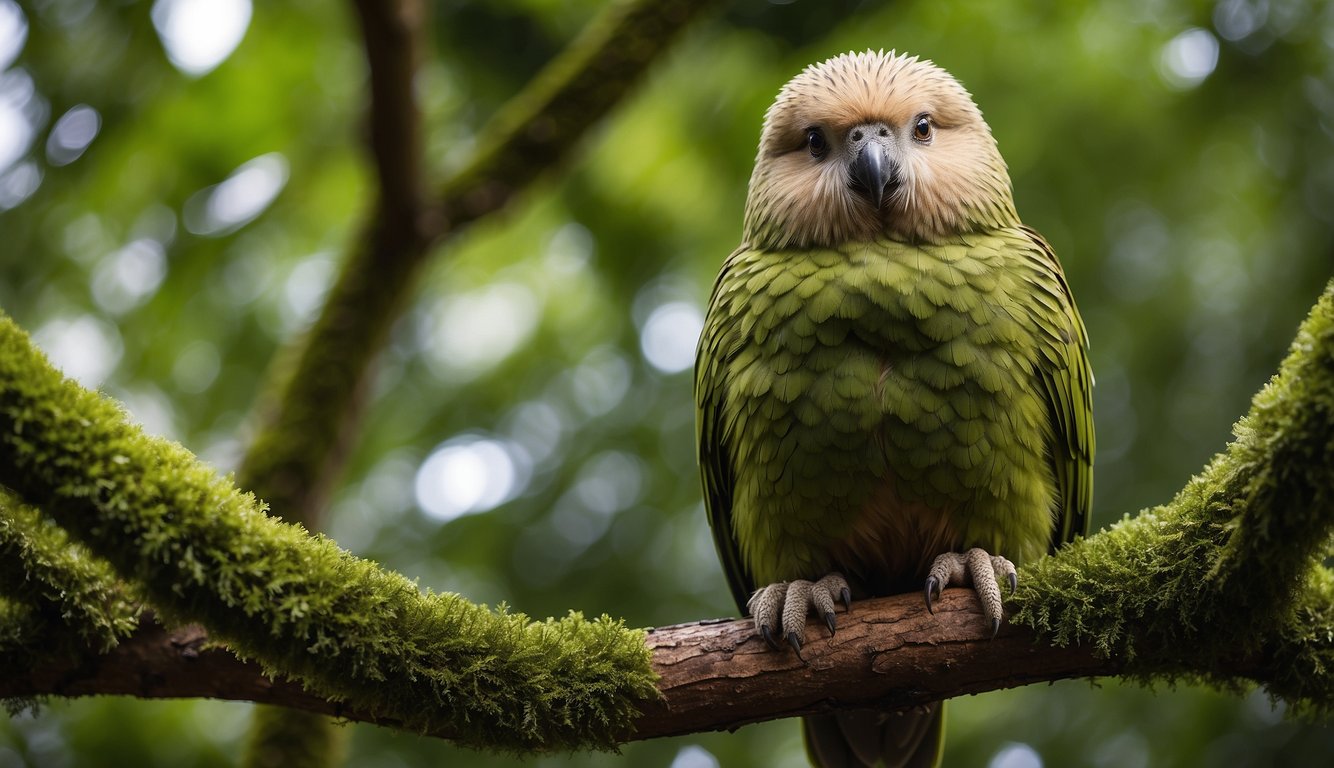 A kakapo perched on a tree branch, surrounded by lush green foliage.

Its large, round body and vibrant green feathers stand out against the natural backdrop