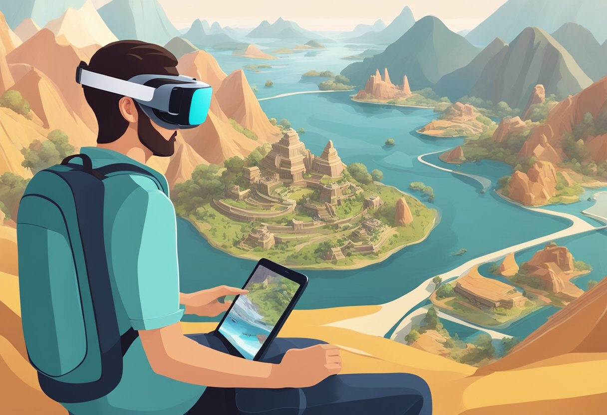 A traveler wearing a VR headset explores a digital replica of a scenic destination, surrounded by virtual landscapes and interactive experiences
