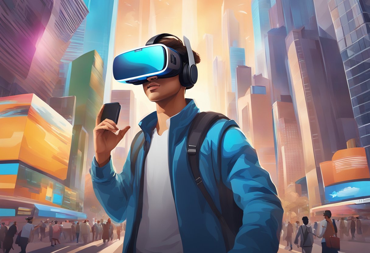 A virtual reality headset transports the viewer to a bustling cityscape, with towering skyscrapers and bustling streets. The immersive experience captures the vibrant energy of a tourist destination, showcasing the revolutionary impact of VR on travel