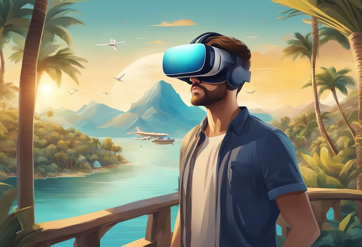Virtual reality headset transports user to exotic location, surrounded by stunning landscapes and immersive experiences, revolutionizing tourism industry