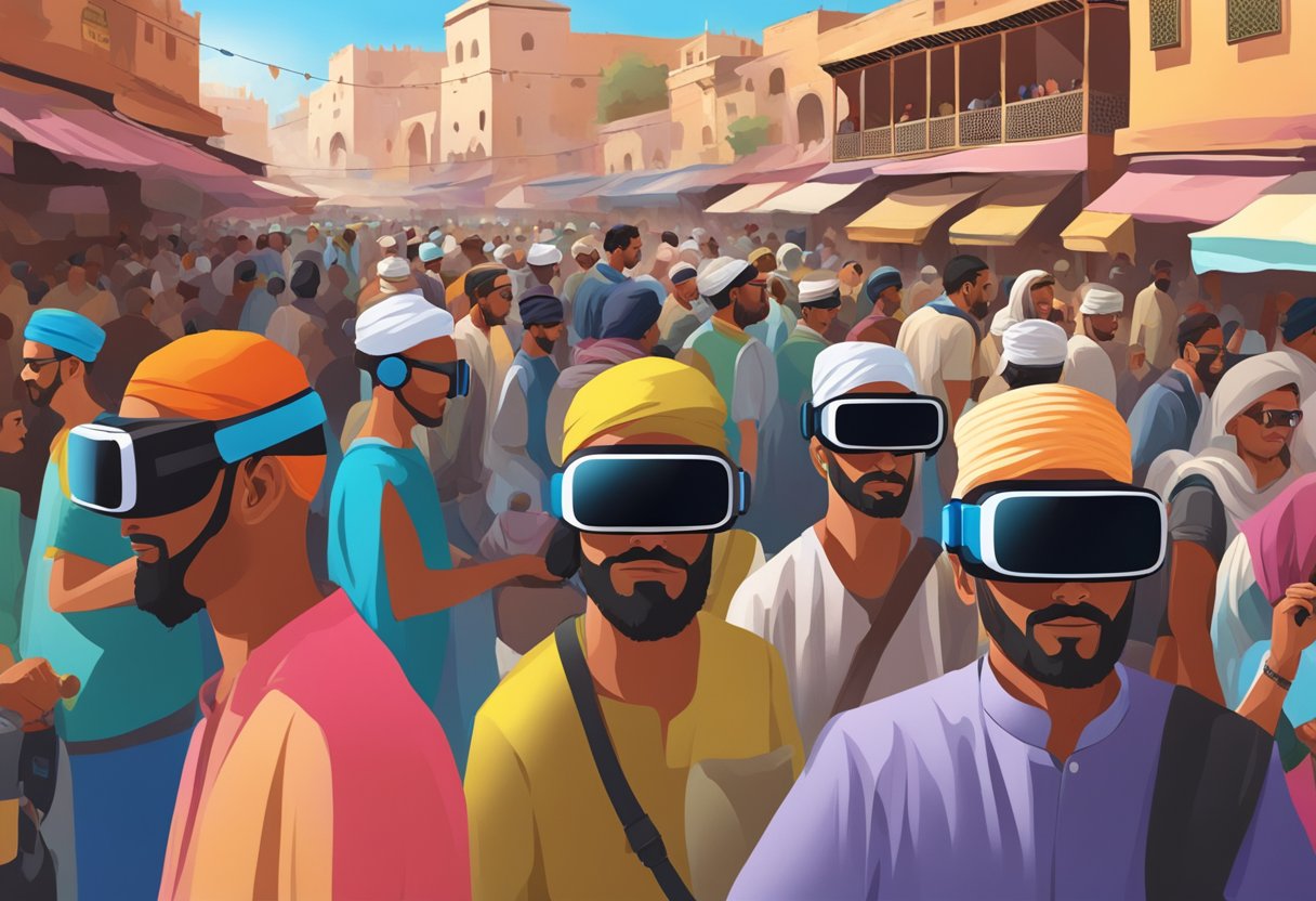 A virtual reality headset transports the viewer to a bustling market in Marrakech, with vibrant colors, bustling crowds, and the sounds of vendors hawking their wares