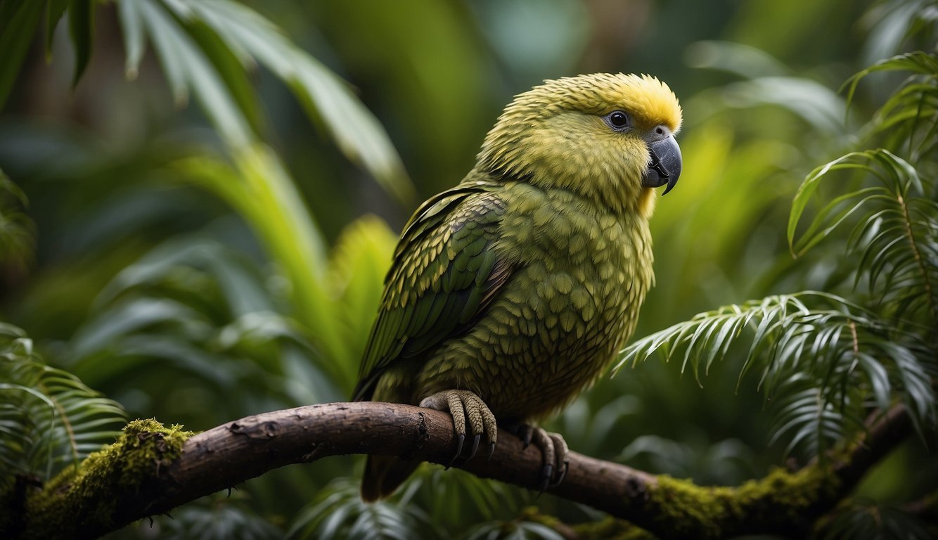 A kakapo perched on a branch, surrounded by lush greenery.

Its vibrant feathers and large, round body stand out against the foliage