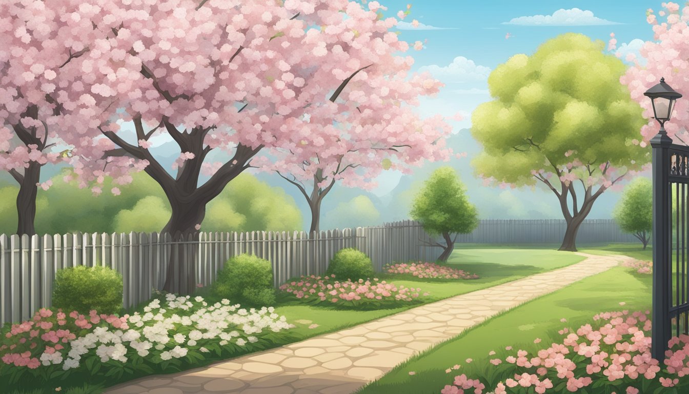 A peaceful garden with four blooming cherry trees, surrounded by a fence with the numbers 4488 engraved on it